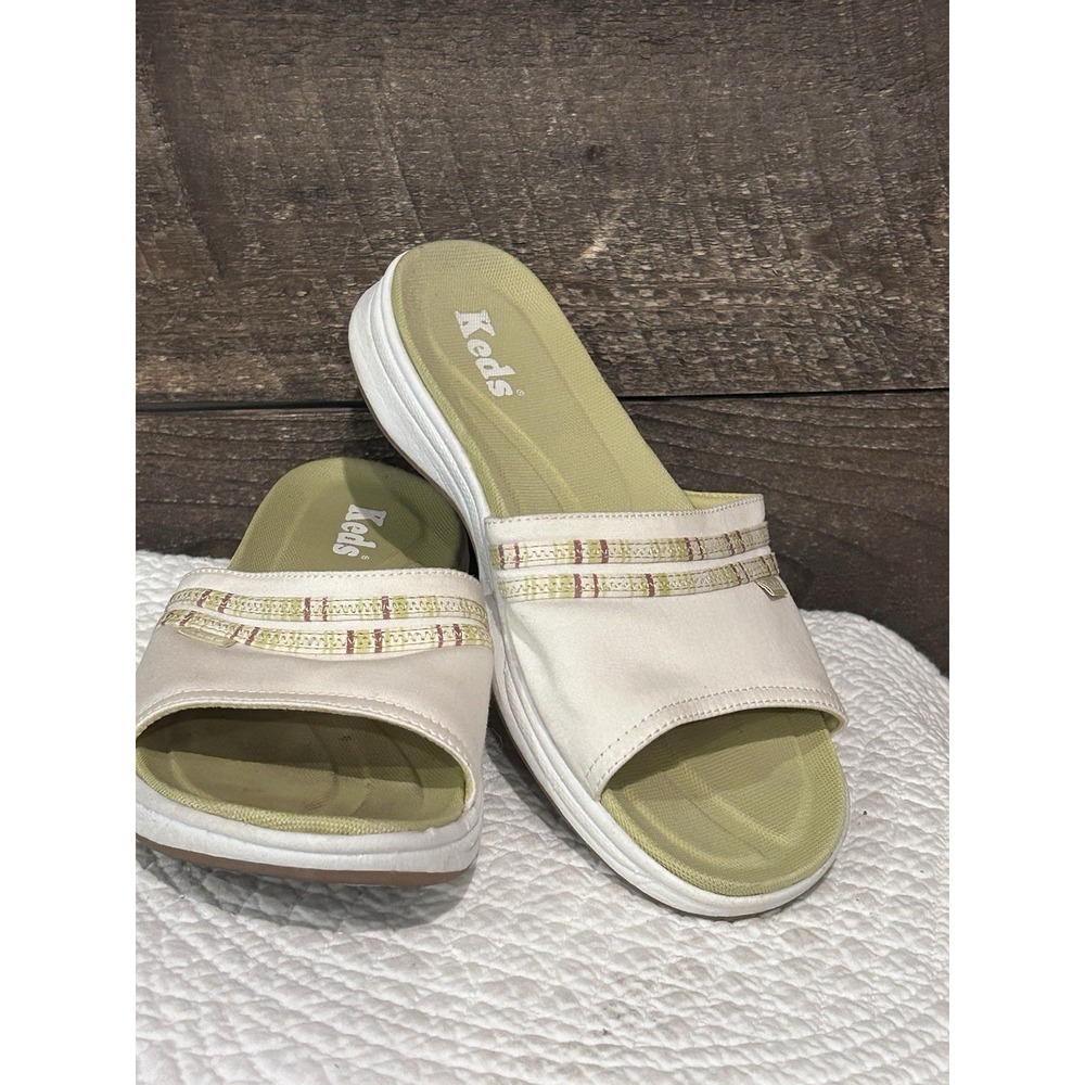 Keds Sandals Womens 6.5 Casual Slip On Flat Slides WF19911 Green White Fabric‎